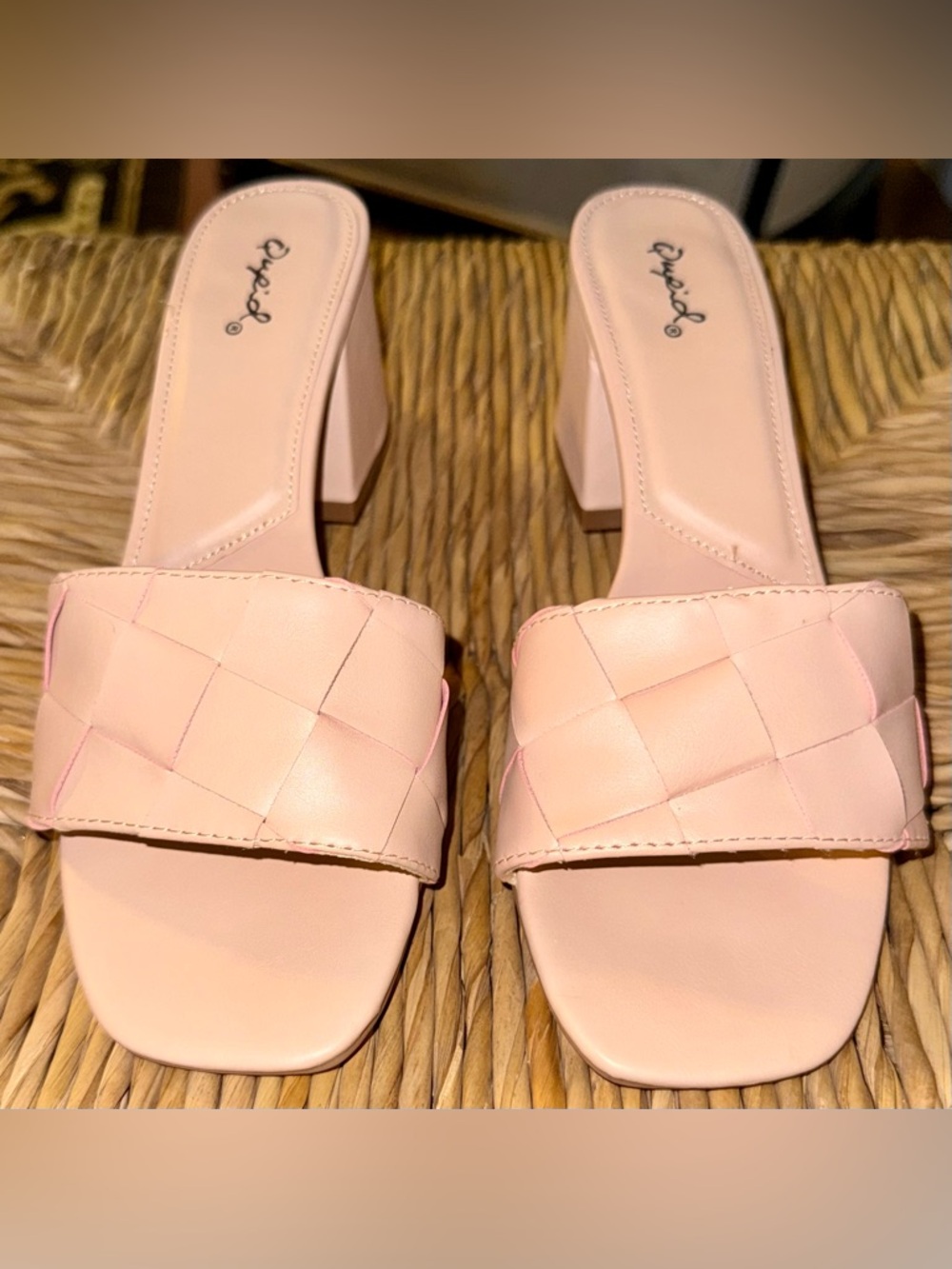 NIB Qupid Blush Pink Woven Block Heel Slides